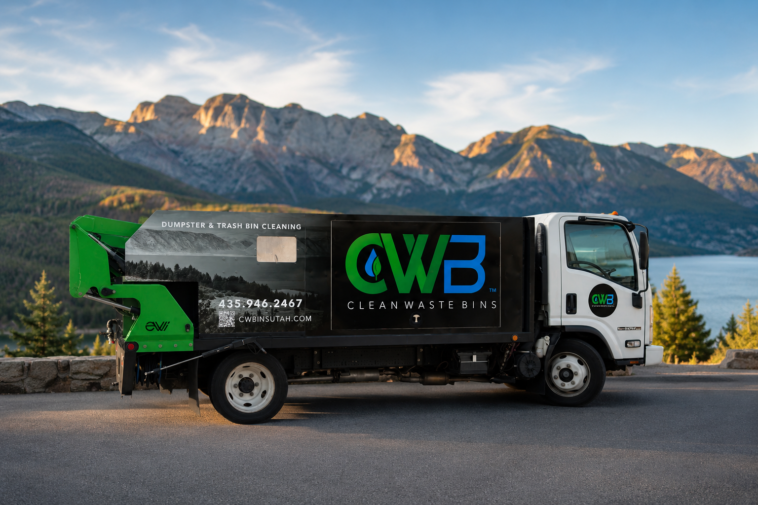 Professional trash can cleaning truck sanitizing a residential garbage bin